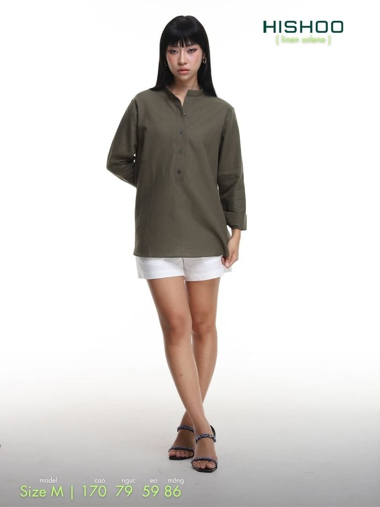 Áo Sơ Mi Nữ Tay Dài Relax Form Rộng, Cổ Polo Tàu Vuông, Xẻ V Linen Solene Vải Mềm Mát HISHOO A3G002