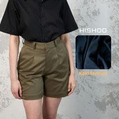 Quần kaki Rêu nữ lưng cao xếp li Hishoo short suông basic mặc đi chơi, đi làm HISHOO Q2G001