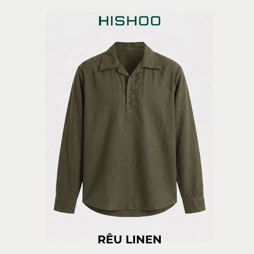 Áo Sơ Mi Nam Tay Dài Relax Form Rộng, Cổ Polo Danton, Xẻ V Linen Solene Vải Mềm Mát HISHOO A3T004