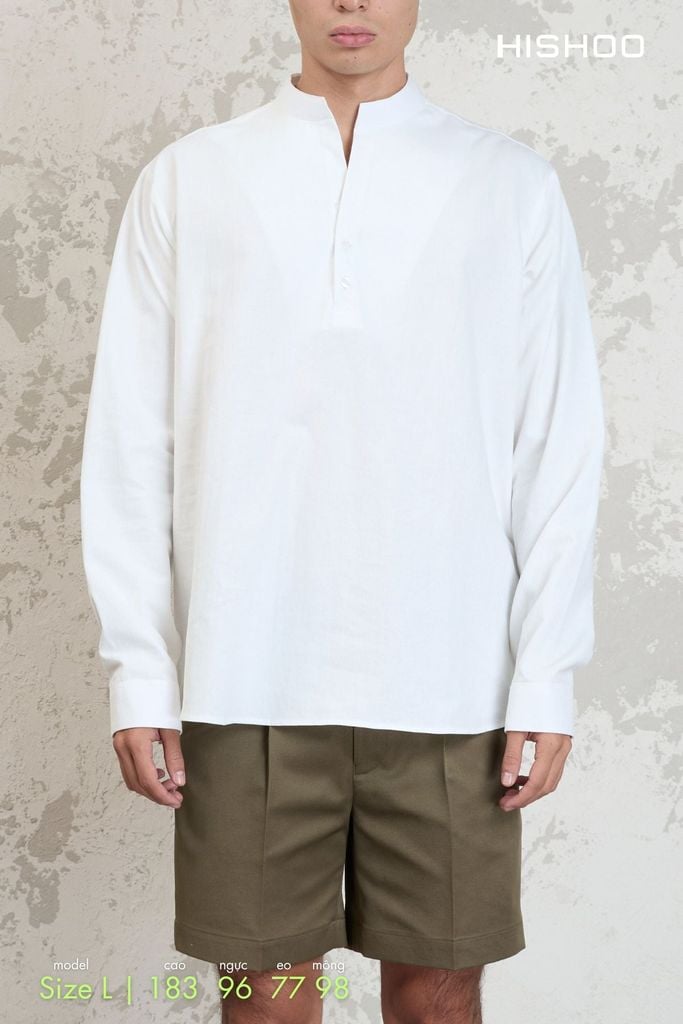 Áo Sơ Mi Nam Tay Dài Relax Form Rộng, Cổ Polo Tàu Vuông, Xẻ V Linen Solene Vải Mềm Mát HISHOO A3T002