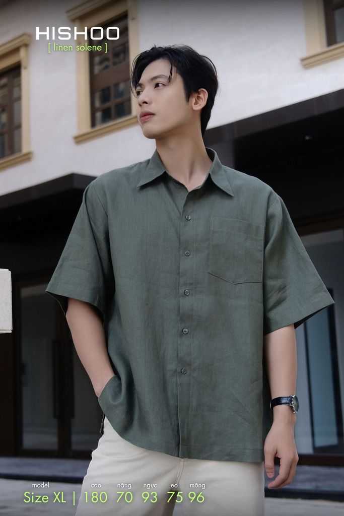 Áo Sơ Mi Nam Rêu  Relax Form Rộng, Cổ Thường, Lai Ngang Linen Solene Vải Mềm Mát HISHOO A1T003