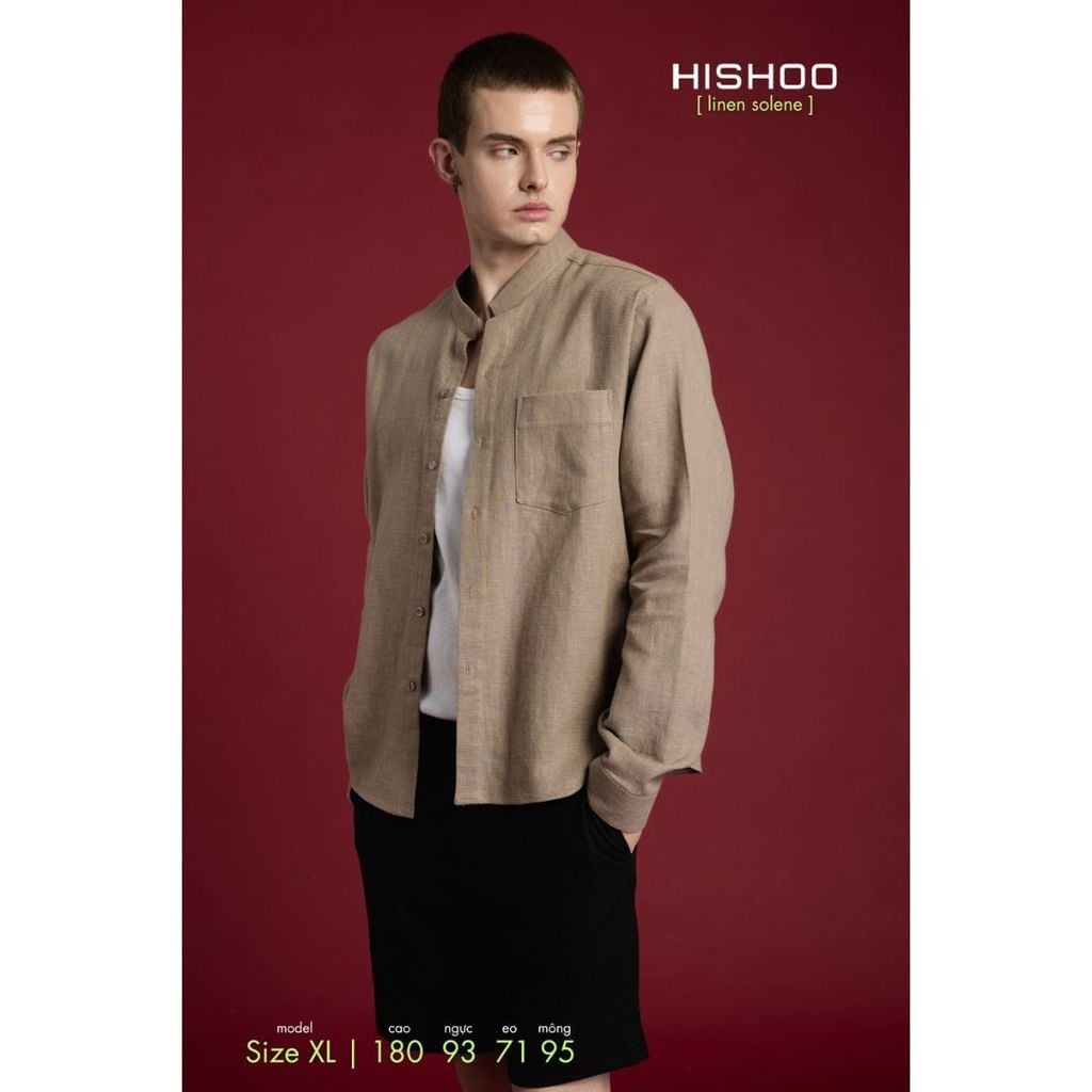 Áo Sơ Mi Nam Tay Dài Relax Form Rộng, Cổ Tàu Vuông, Lai Ngang Linen Solene Vải Mềm Mát HISHOO A2T002