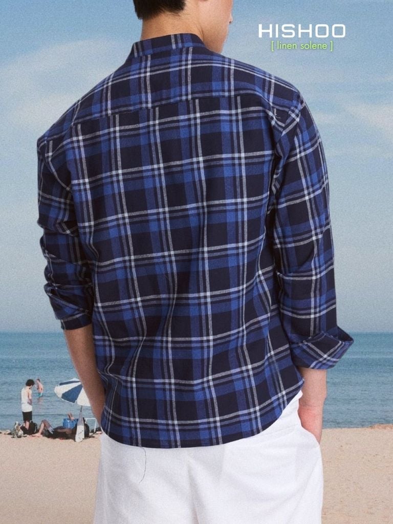Áo Sơ Mi Caro Nút Gỗ Tay Dài Nam Relax Form Rộng, Cổ Tàu Vuông, Lai Ngang Linen Solene Vải Mềm Mát HISHOO A2T002