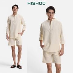 Áo Sơ Mi Nam Tay Dài Relax Form Rộng, Cổ Polo Tàu Vuông, Xẻ V Linen Solene Vải Mềm Mát HISHOO A3T002