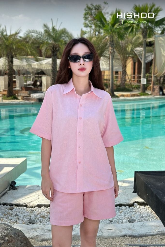 Áo Sơ Mi Nữ Hồng Relax Form Rộng, Cổ Thường, Lai Ngang Linen Solene Vải Mềm Mát HISHOO A1G003