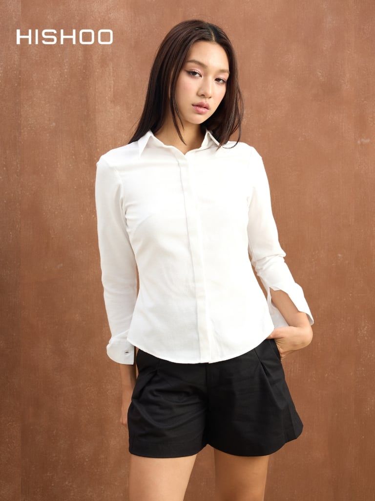 Quần kaki nữ lưng cao Hishoo short suông basic mặc đi chơi, đi làm HISHOO QG001