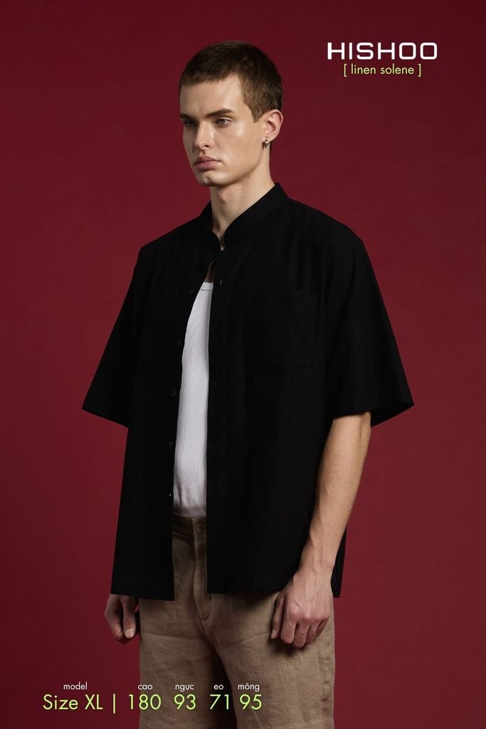 Áo Sơ Mi Nam Đen Relax Form Rộng, Cổ Tàu Tròn, Lai Ngang Linen Solene Vải Mềm Mát HISHOO A1T001