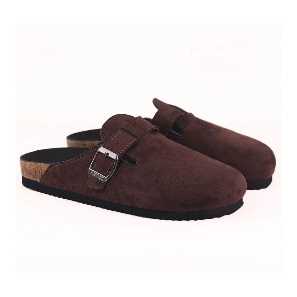 Dép đế trấu sục Boston quai ngang Nâu Walnut da lộn  HISHOO R109