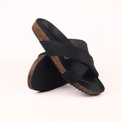 Dép đế trấu birken quai chéo MẶT ĐEN da SAFFIANO Hishoo M096