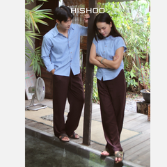 Áo Sơ Mi Nữ Nút Gỗ Tay Ngắn Relax Form Rộng, Cổ Tàu Vuông, Linen Solene Vải Mềm Mát HISHOO A4G002