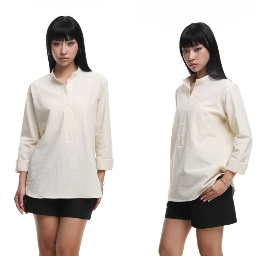 Áo Sơ Mi Nữ Tay Dài Relax Form Rộng, Cổ Polo Tàu Vuông, Xẻ V Linen Solene Vải Mềm Mát HISHOO A3G002