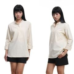 Áo Sơ Mi Nữ Tay Dài Relax Form Rộng, Cổ Polo Tàu Vuông, Xẻ V Linen Solene Vải Mềm Mát HISHOO A3G002