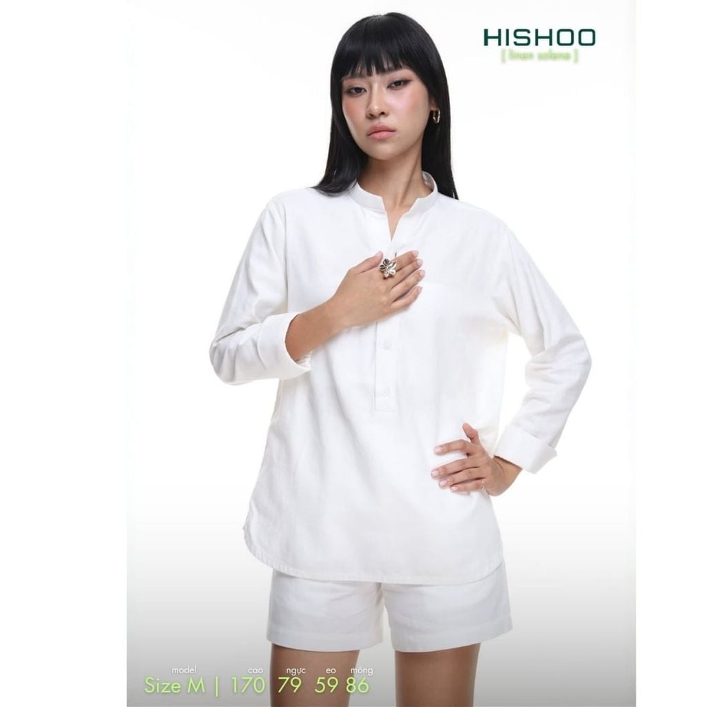 Áo Sơ Mi Nữ Tay Dài Relax Form Rộng, Cổ Polo Tàu Vuông, Xẻ V Linen Solene Vải Mềm Mát HISHOO A3G002