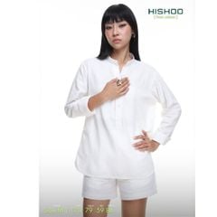 Áo Sơ Mi Nữ Tay Dài Relax Form Rộng, Cổ Polo Tàu Vuông, Xẻ V Linen Solene Vải Mềm Mát HISHOO A3G002