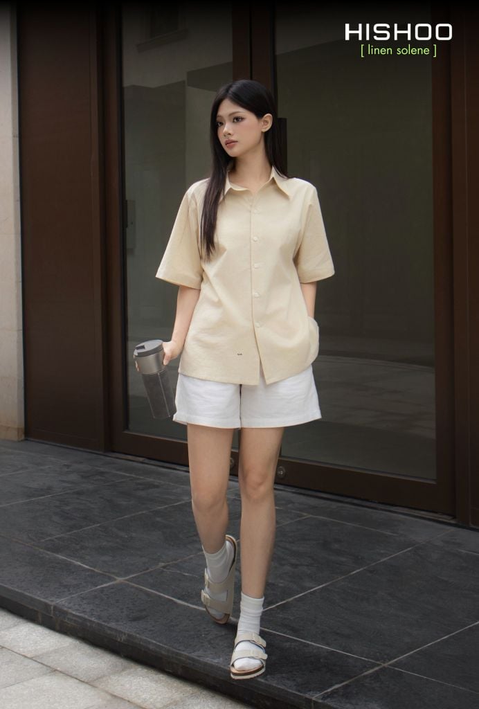 Áo Sơ Mi Nữ Kem Relax Form Rộng, Cổ Thường, Lai Ngang Linen Solene Vải Mềm Mát HISHOO A1G003