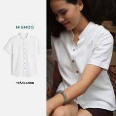 Áo Sơ Mi Nữ Nút Gỗ Relax Form Rộng, Cổ Tàu Vuông, Lai Ngang Linen Solene Vải Mềm Mát HISHOO A1G002