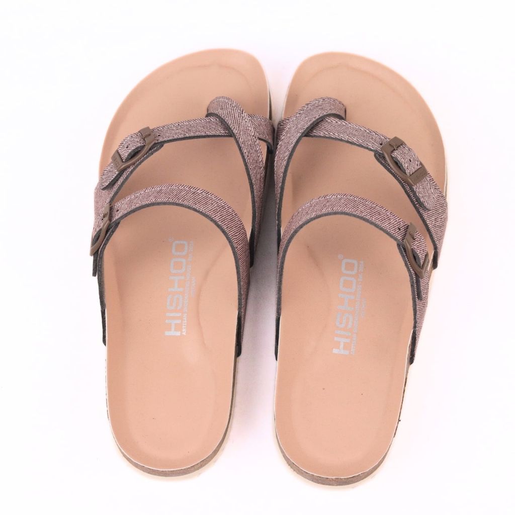 Dép đế trấu birken Xỏ Ngón Nâu Demin Khóa Nâu Premium HISHOO B098