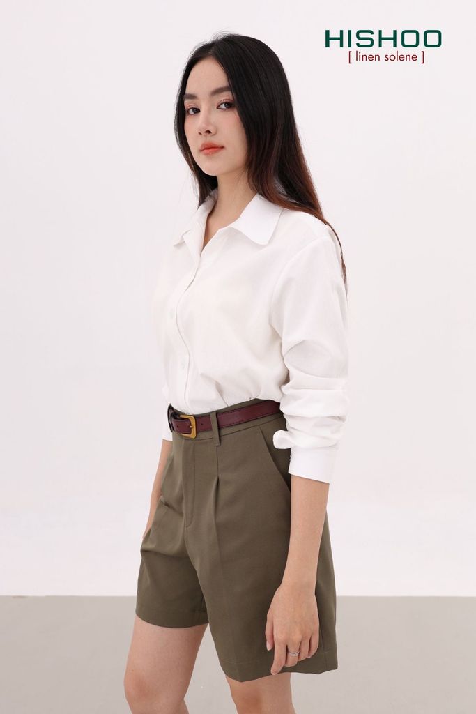 Áo Sơ Mi Tay Dài Nữ Relax Form Rộng, Cổ Danton, Lai Ngang Linen Solene Vải Mềm Mát HISHOO A2G004