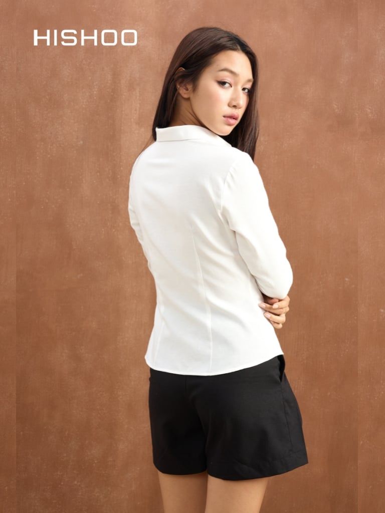 Áo Sơ Mi Nữ Công Sở Linen Solene Cổ Hạ Lưng Form Slim, Chiết Eo Nhẹ, Vải Mềm Mát HISHOO AG001