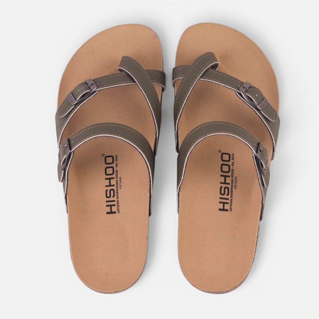 Dép đế trấu Birken Rêu quai ngang xỏ ngón da bò HISHOO M098