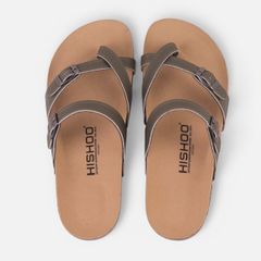 Dép đế trấu Birken Rêu quai ngang xỏ ngón da bò HISHOO M098