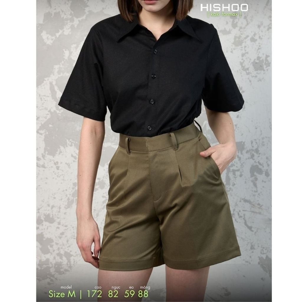 Quần kaki nữ lưng cao xếp li Hishoo short suông basic mặc đi chơi, đi làm HISHOO Q2G001