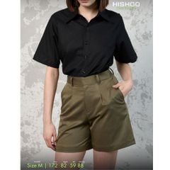 Quần kaki nữ lưng cao xếp li Hishoo short suông basic mặc đi chơi, đi làm HISHOO Q2G001