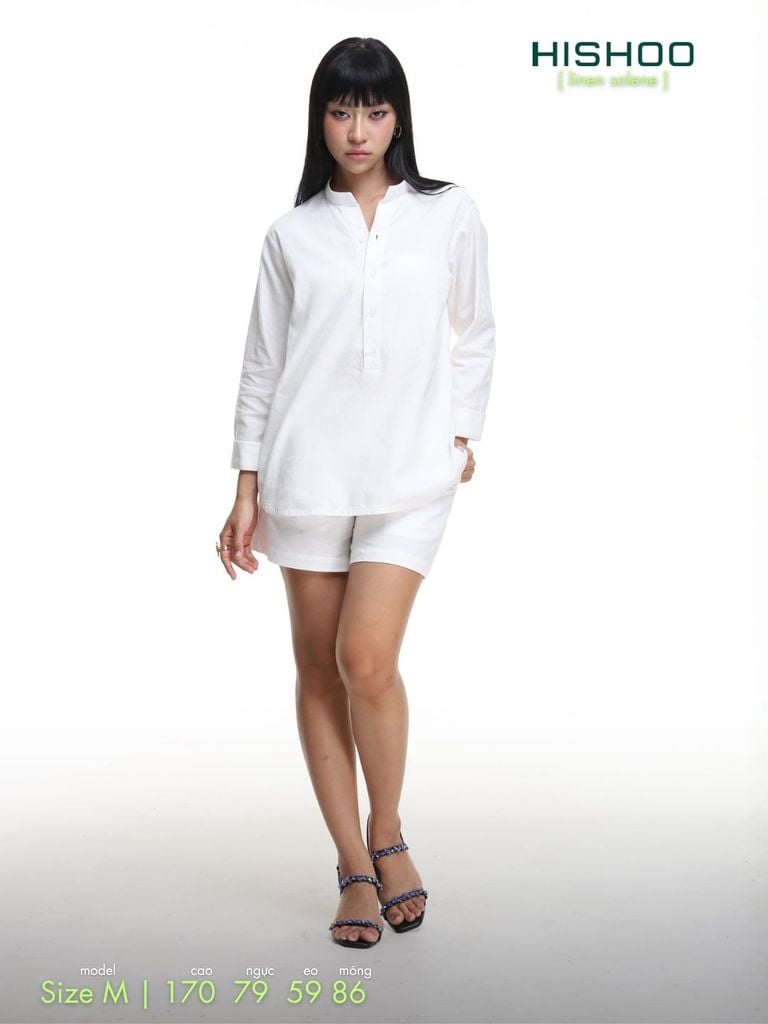 Áo Sơ Mi Trắng Nữ Tay Dài Relax Form Rộng, Cổ Polo Tàu Vuông, Xẻ V Linen Solene Vải Mềm Mát HISHOO A3G002