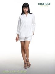 Áo Sơ Mi Trắng Nữ Tay Dài Relax Form Rộng, Cổ Polo Tàu Vuông, Xẻ V Linen Solene Vải Mềm Mát HISHOO A3G002