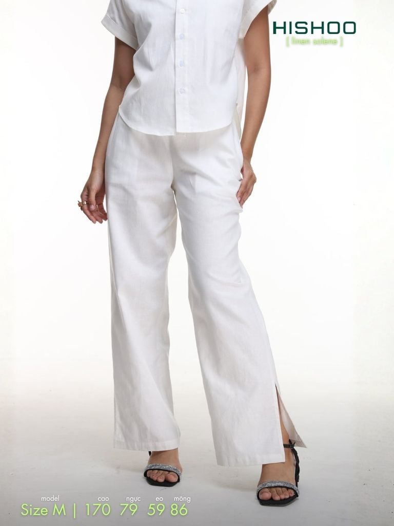 Quần dài Linen Nữ Lưng Thun, Xẻ Tà Hishoo basic mặc đi chơi, đi làm HISHOO Q3G001