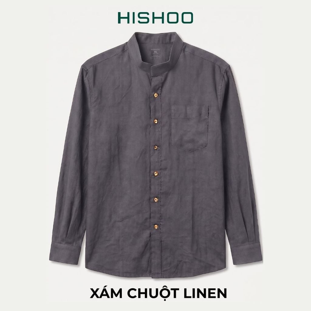 Áo Sơ Mi Nam Nút Gỗ Tay Dài Relax Form Rộng, Cổ Tàu Vuông, Lai Ngang Linen Solene Vải Mềm Mát HISHOO A2T002