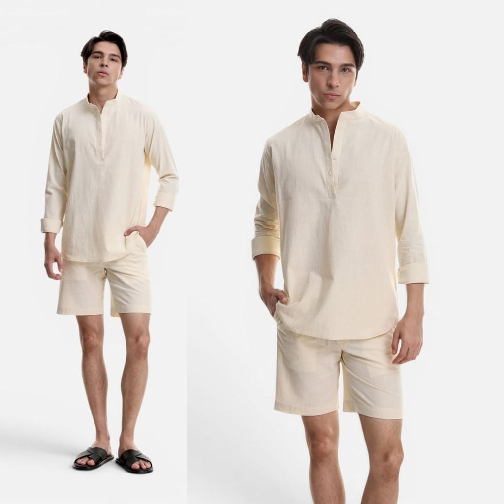 Áo Sơ Mi Nam Tay Dài Relax Form Rộng, Cổ Polo Tàu Vuông, Xẻ V Linen Solene Vải Mềm Mát HISHOO A3T002