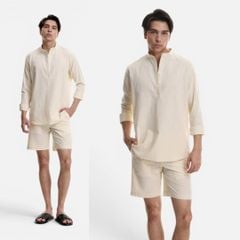 Áo Sơ Mi Nam Tay Dài Relax Form Rộng, Cổ Polo Tàu Vuông, Xẻ V Linen Solene Vải Mềm Mát HISHOO A3T002