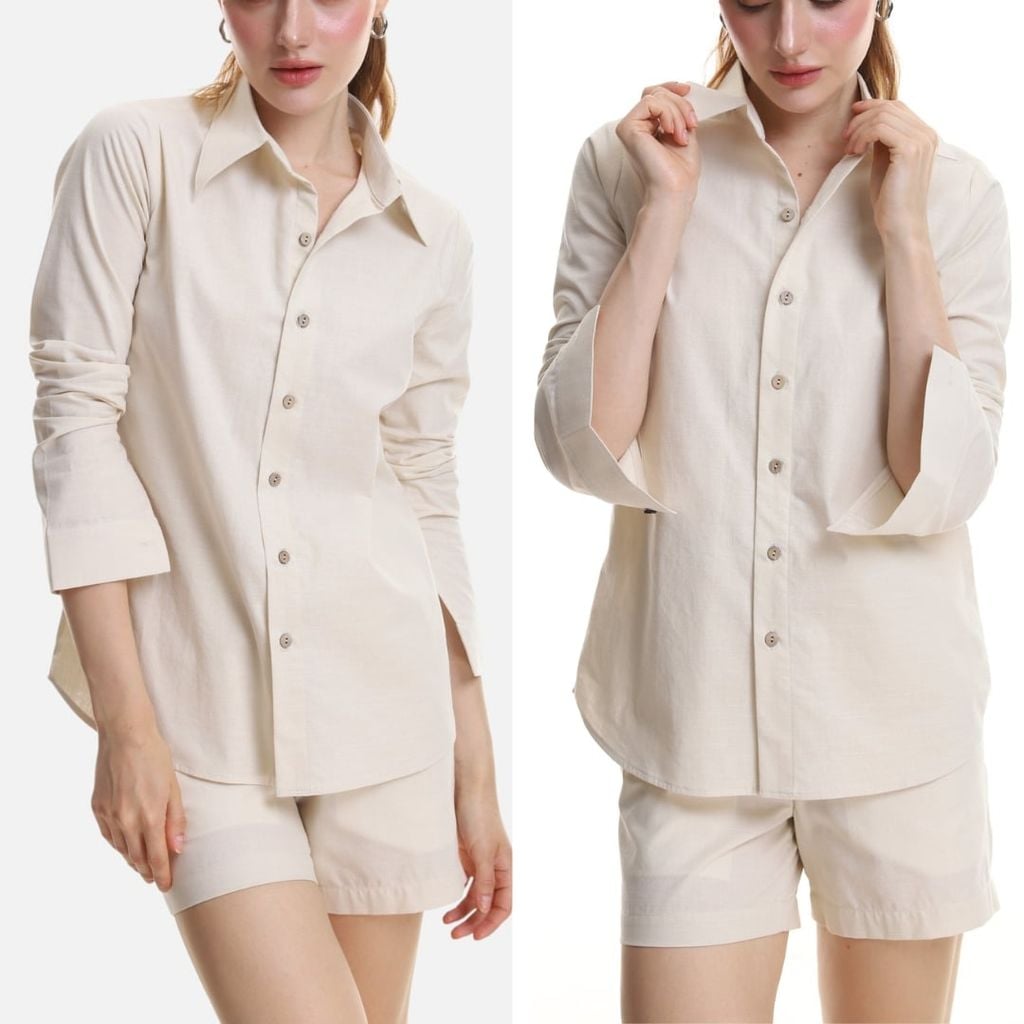 Áo Sơ Mi Nút Gỗ Tay Dài Nữ Relax Form Rộng, Cổ Thường, Lai Ngang Linen Solene Vải Mềm Mát HISHOO A2G003