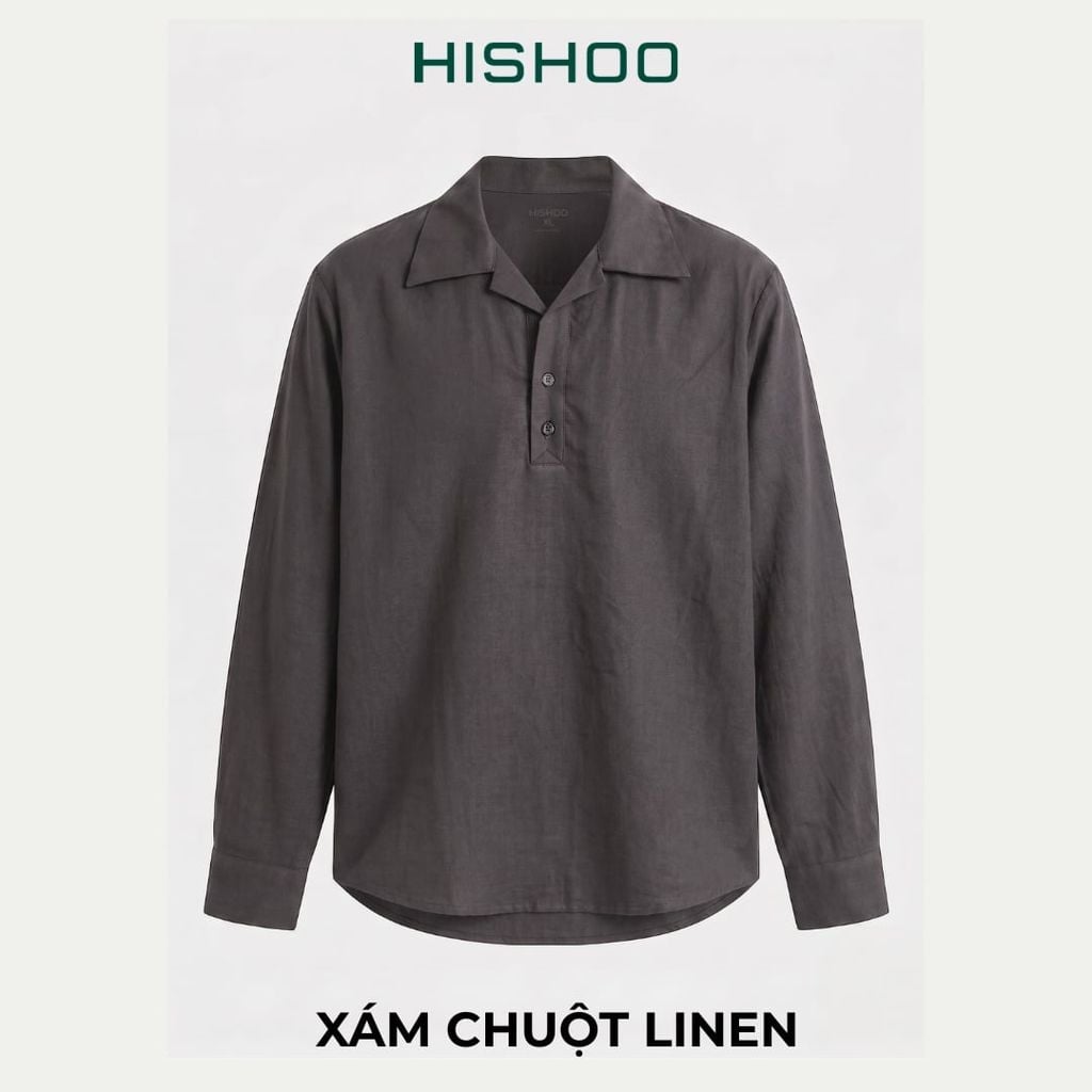 Áo Sơ Mi Nam Tay Dài Relax Form Rộng, Cổ Polo Danton, Xẻ V Linen Solene Vải Mềm Mát HISHOO A3T004