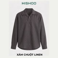Áo Sơ Mi Nam Tay Dài Relax Form Rộng, Cổ Polo Danton, Xẻ V Linen Solene Vải Mềm Mát HISHOO A3T004