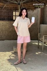 Áo Sơ Mi Kem Nữ Relax Form Rộng, Cổ Danton, Lai Ngang Linen Solene Vải Mềm Mát HISHOO A1G004
