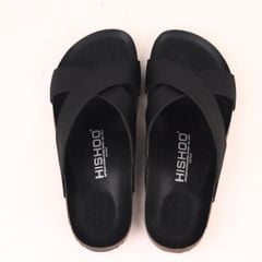 Dép đế trấu birken quai chéo MẶT ĐEN da SAFFIANO Hishoo M096