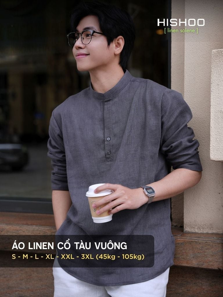 Áo Sơ Mi Nam Xám Chuột Tay Dài Relax Form Rộng, Cổ Polo Tàu Vuông, Xẻ V Linen Solene Vải Mềm Mát HISHOO A3T002