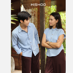 Áo Sơ Mi Nữ Nút Gỗ Tay Ngắn Relax Form Rộng, Cổ Tàu Vuông, Linen Solene Vải Mềm Mát HISHOO A4G002
