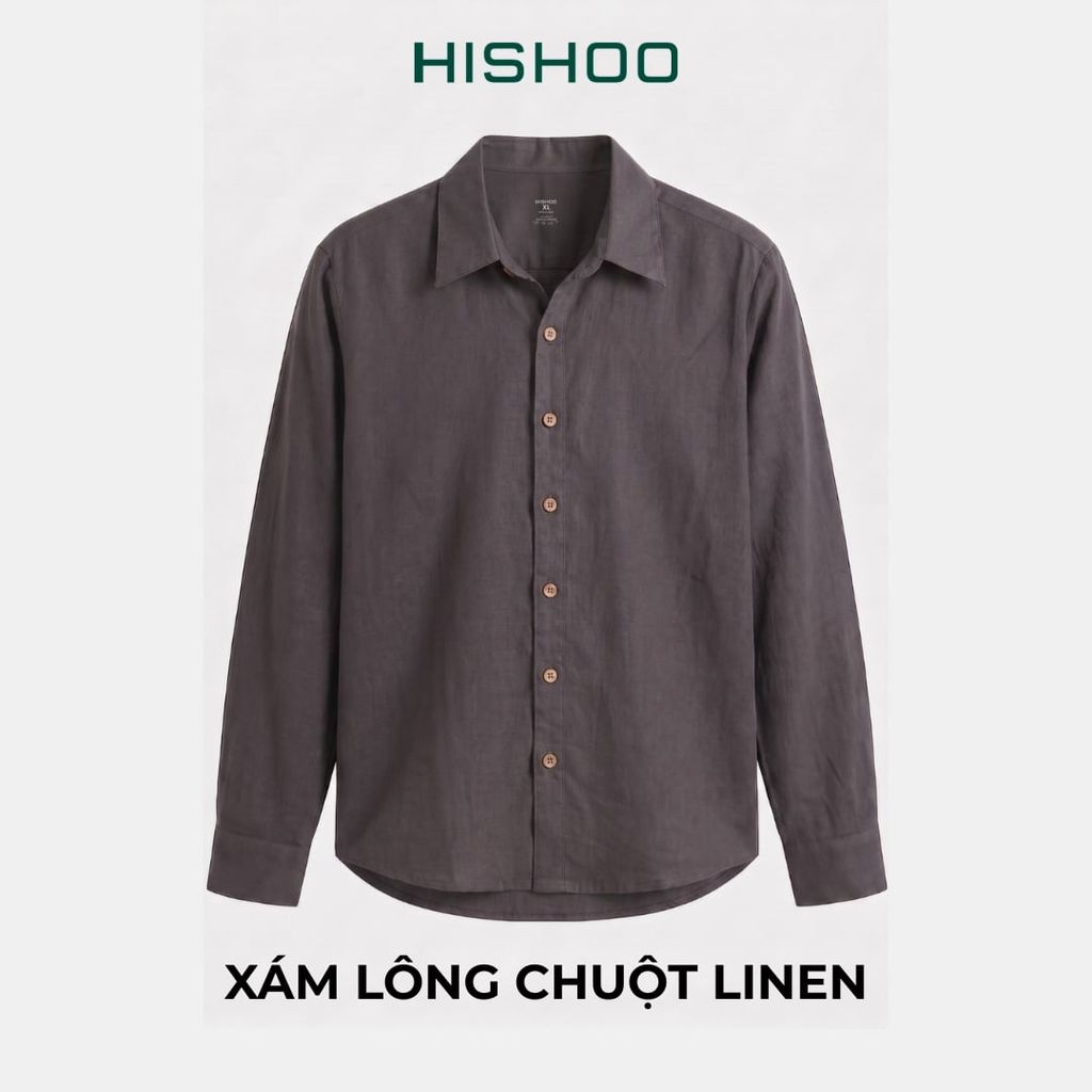 Áo Sơ Mi Rêu Nút Gỗ Nam Tay Dài Relax Form Rộng, Cổ Thường, Lai Ngang Linen Solene Vải Mềm Mát HISHOO A2T003