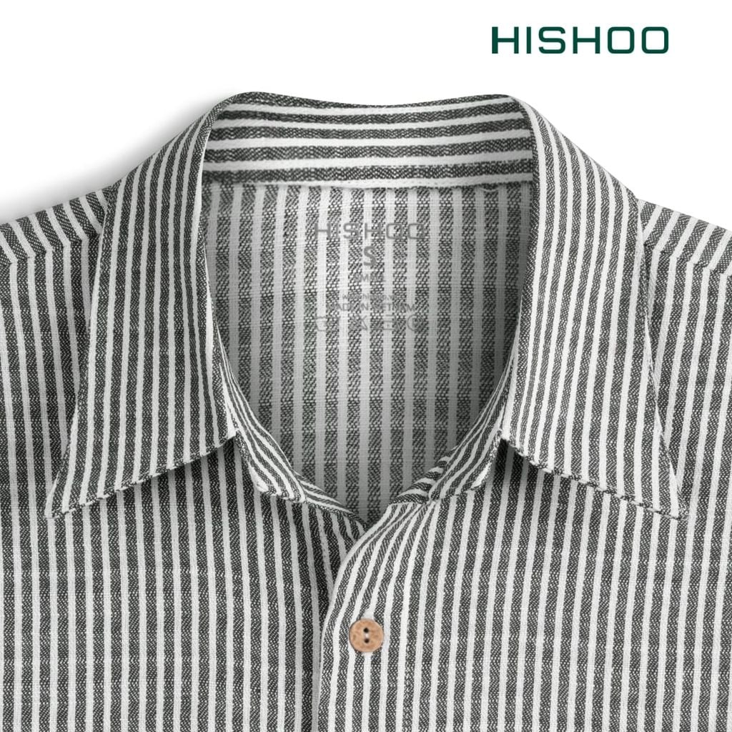 Áo Sơ Mi Sọc Nút Gỗ Tay Dài Nữ Relax Form Rộng, Cổ Thường, Lai Ngang Linen Solene Vải Mềm Mát HISHOO A2G003