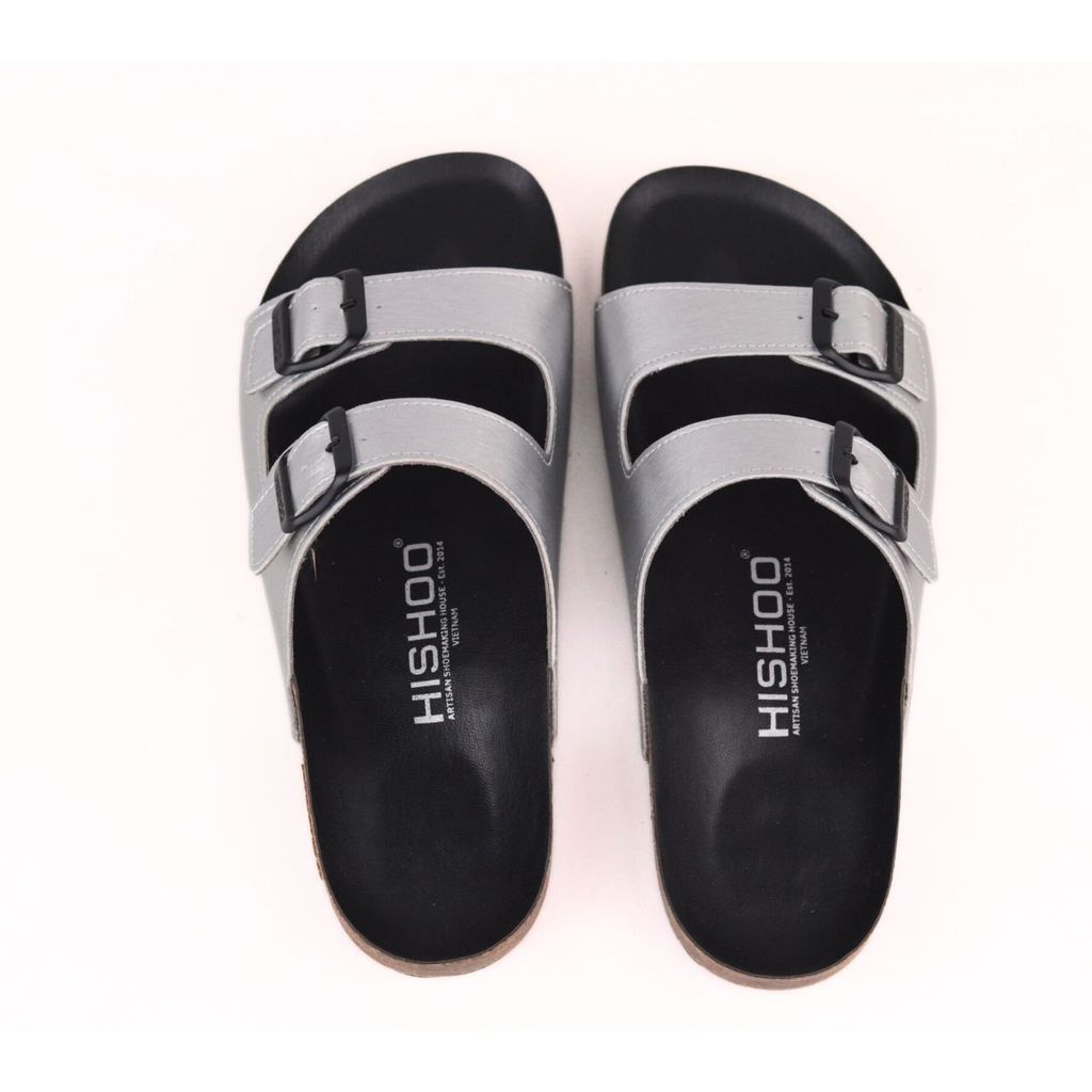 Dép đế trấu birken Bạc quai ngang 2 khóa Hishoo M093