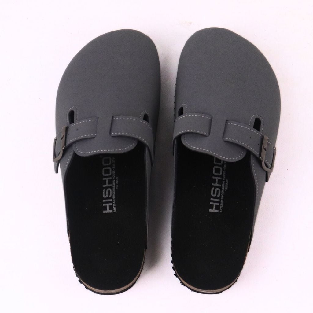 Dép đế trấu sục Boston Xám/ Kem/Bò quai ngang da lộn HISHOO R109