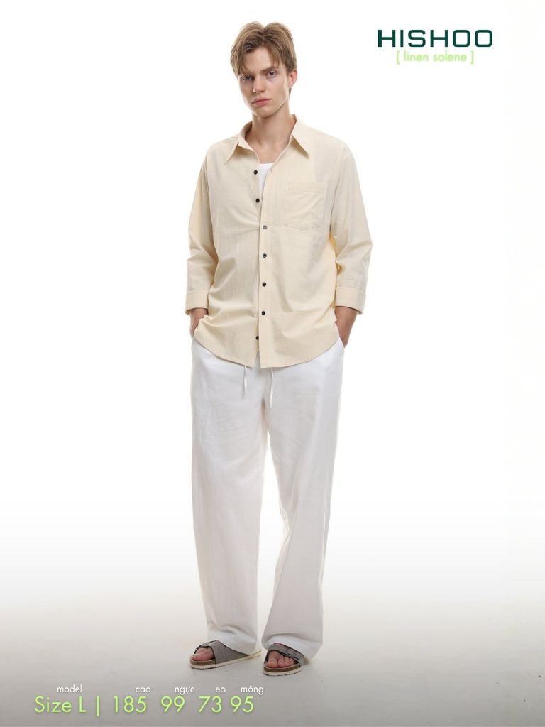 Áo Sơ Mi Nam Tay Dài Relax Form Rộng, Cổ Thường, Lai Ngang Linen Solene Vải Mềm Mát HISHOO A2T003
