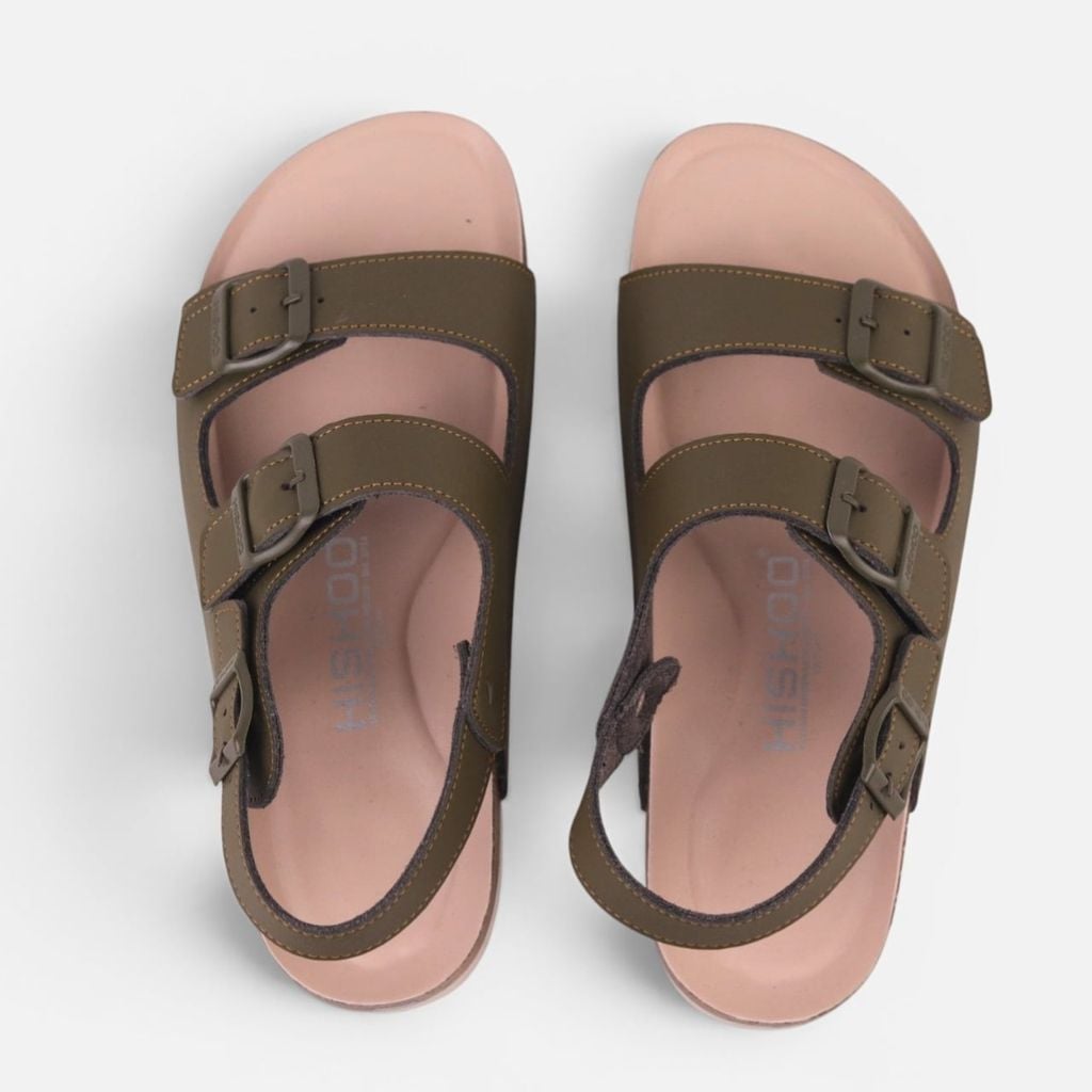 Dép đế trấu sandal birken Xanh Olive quai ngang 2 khoá premium HISHOO B102