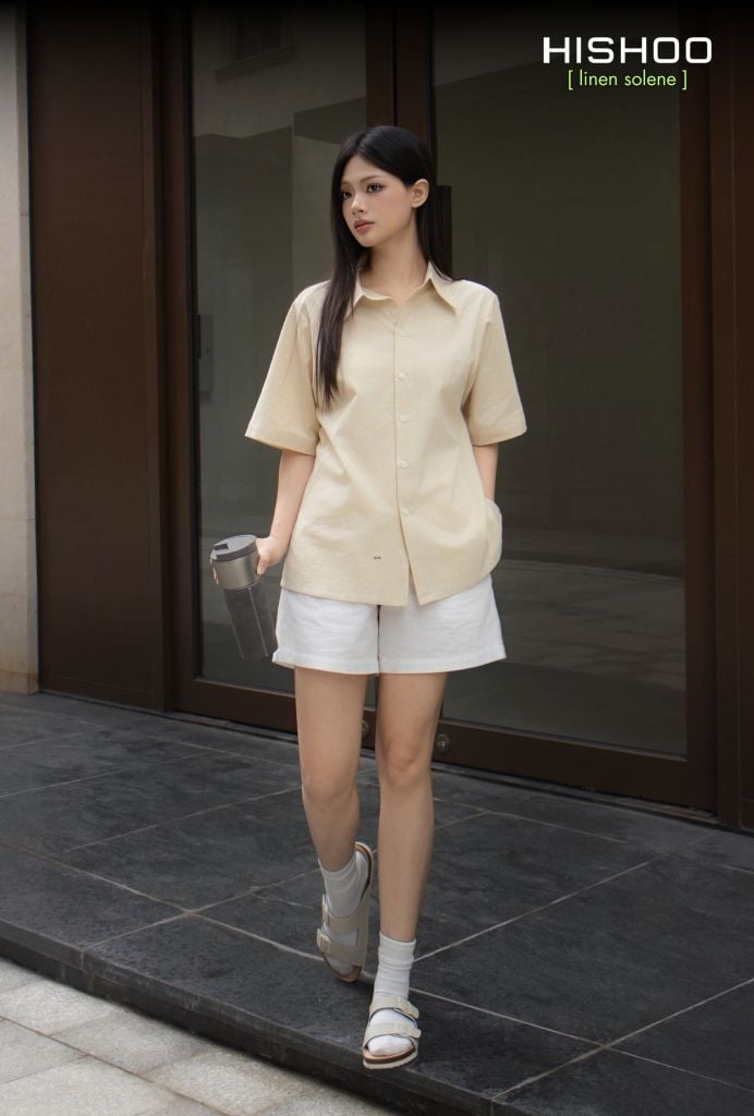 Áo Sơ Mi Nữ Relax Form Rộng, Cổ Thường, Lai Ngang Linen Solene Vải Mềm Mát HISHOO A1G003