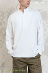 Áo Sơ Mi Nam Trắng Tay Dài Relax Form Rộng, Cổ Polo Tàu Vuông, Xẻ V Linen Solene Vải Mềm Mát HISHOO A3T002