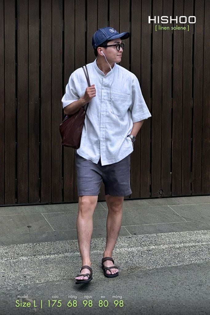 Áo Sơ Mi Tàu Tròn Nam Xám Tro Relax Form Rộng, Cổ Tàu Tròn, Lai Ngang Linen Solene Vải Mềm Mát HISHOO A1T001