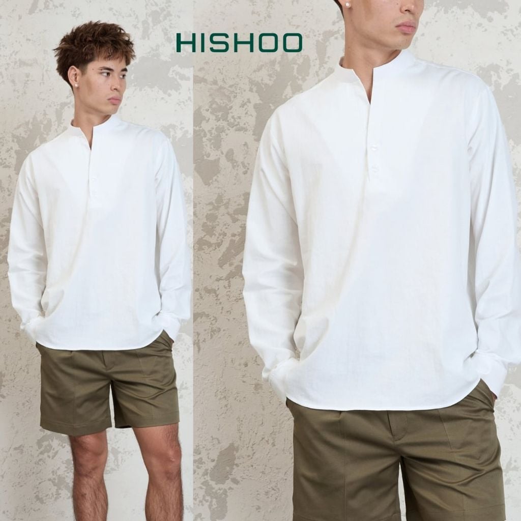 Áo Sơ Mi Nam Tay Dài Relax Form Rộng, Cổ Polo Tàu Vuông, Xẻ V Linen Solene Vải Mềm Mát HISHOO A3T002